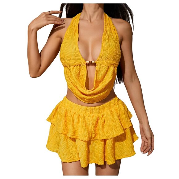 MakeMeChic 2 Piece Outfit Draped Front Tie Back Halter Top/Skirt Yellow Medium - Picture 1 of 1
